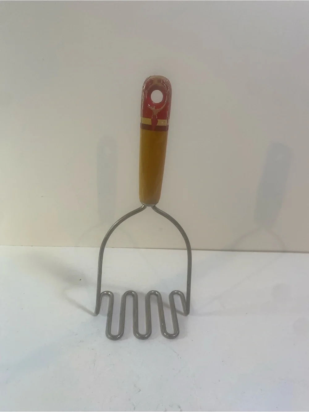 Vintage Wooden Striped Handle Potato Masher Chips On Paint